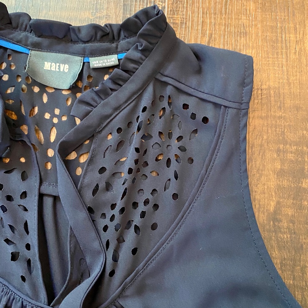 Maeve Navy Eyelet Ruffled Neck Sleeveless Top